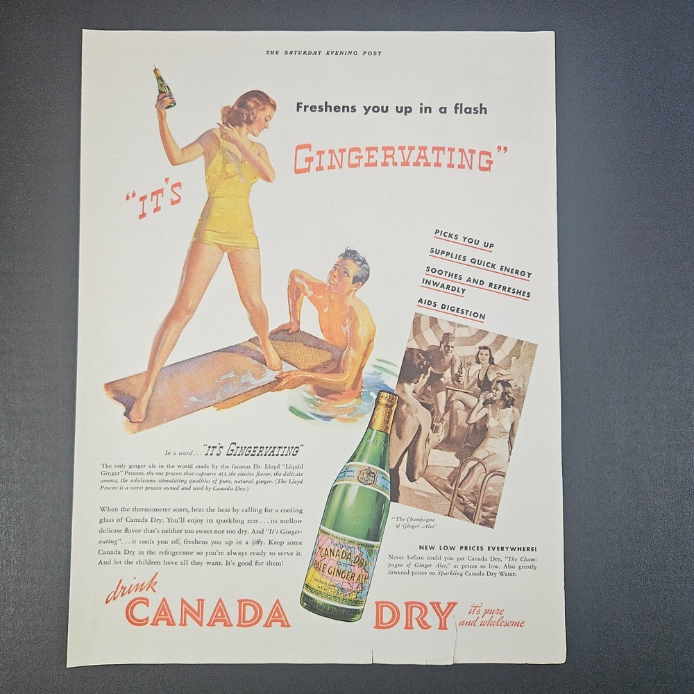 1938 Canada Dry Gingervating Champagne of Ginger Ale Vintage Print‎ Ad Swimming
